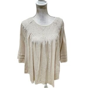 J. Jill Cream embroidered Yoke crinkle cotton blouse 3/4 sleeve size small
